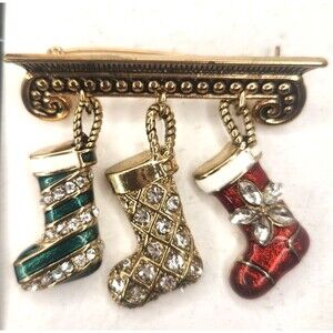 Napier Christmas Stocking Brooch 3 Enamel and Rhinestone Stockings Dangling VTG